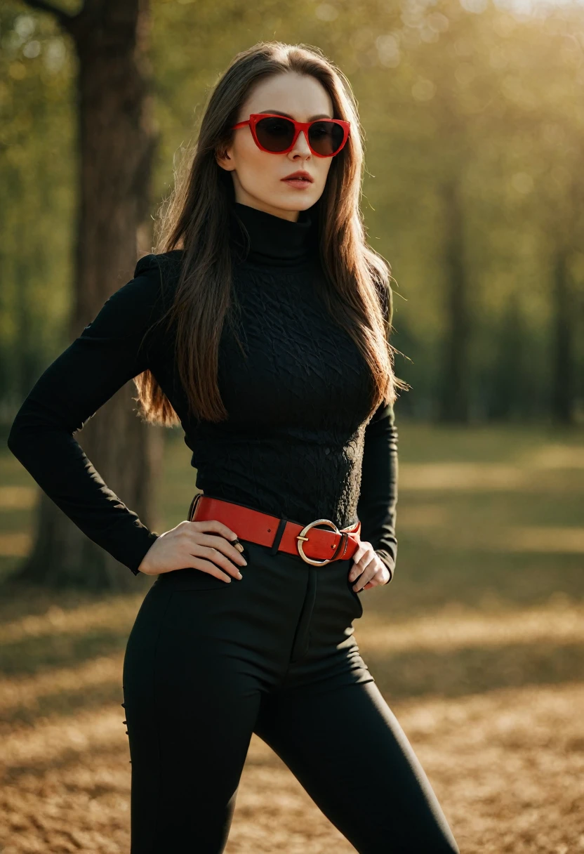 Photo, (sharp focus:1.2), (masterpiece), beautiful evil slavic muscular woman, pale skin, long hair, cinematic film still, stylish black and white photo, geometry, sunlight, feminine elegant girl in sunglasses with red glasses, black turtleneck, black jacket, wide black trousers, wide belt, (sharp focus on the face:1.3), (detailed), photographed on a Kodak box camera, (hyper realistic:1.4), lifelike texture, (intricate details, hyperdetailed:1.15) (skin texture:1.2), cinematic, professional, 4k, (((dynamic model pose))), sitting, full body, mesmerizing, dynamic, dramatic, dynamic pose, highly detailed skin with hair, subcutaneous veins, light and shadow play, highly detailed,24mm photograph, bokeh, professional, 4k,