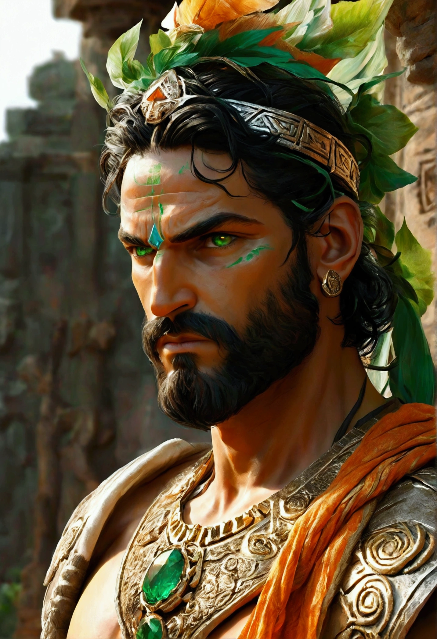 Create a detailed and expressive picture of a man representing the earth element with characteristics that reflect strength and wisdom, giving off a sense of power; he can be associated physically with the war god Ares and more with a Greek deity. The man should be depicted in the foreground, with a proud and victorious smile, showing confidence and authority. His expression is not calm, but reflects intensity and determination, with eyes wide open and focused. The man's features include black hair, white skin, light green eyes and ornaments typical of the earth element, looking very much like a handsome Greek god. Make sure these ornaments reflect the essence of the earth, incorporating elements such as stones, vines or natural motifs, wood. The background should feature shades of brown, dark green and orange, blending to evoke the earthy atmosphere against a black background. Use shading and textures to accentuate the strong presence of man and the ruggedness associated with the earth element. Use lighting to highlight the deity's facial features and depth of expression, creating a compelling contrast with the earth-toned background. The artistic style should emphasise intricate detail and a sense of ancient wisdom, ensuring a composition that feels both formidable and deeply connected to the earth element.
