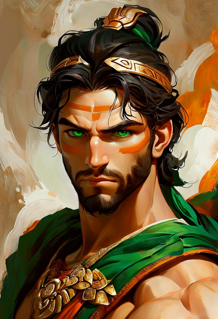 Create a detailed and expressive picture of a man representing the earth element with characteristics that reflect strength and wisdom, giving off a sense of power; he can be associated physically with the war god Ares and more with a Greek deity. The man should be depicted in the foreground, with a proud and victorious smile, showing confidence and authority. His expression is not calm, but reflects intensity and determination, with eyes wide open and focused. The man's features include black hair, white skin, light green eyes and ornaments typical of the earth element, looking very much like a handsome Greek god. Make sure these ornaments reflect the essence of the earth, incorporating elements such as stones, vines or natural motifs, wood. The background should feature shades of brown, dark green and orange, blending to evoke the earthy atmosphere against a black background. Use shading and textures to accentuate the strong presence of man and the ruggedness associated with the earth element. Use lighting to highlight the deity's facial features and depth of expression, creating a compelling contrast with the earth-toned background. The artistic style should emphasise intricate detail and a sense of ancient wisdom, ensuring a composition that feels both formidable and deeply connected to the earth element.