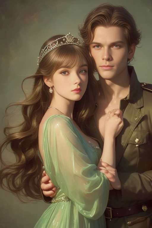 High-quality image of a couple: a blond men (tall, statuesque, handsome, courageous young man with blue eyes, curly golden hair, dressed in a gray antique military uniform) he hugs a woman with a black hair (a fantastically beautiful young femme fatale with long straight black hair, long bangs, she has blackberry eyes, she is a princess, on she has a romantic dress and a tiara). They are in love with each other. The sketches of the "Ideal Anatomy" made by Boris Vallejo are characterized by a high degree of detail. Masterpiece, detailed study of the face, beautiful face, beautiful facial features, perfect image, realistic shots, detailed study of faces, full-length image, 8k, detailed image, extremely detailed illustration, a real masterpiece of the highest quality, with careful drawing.
