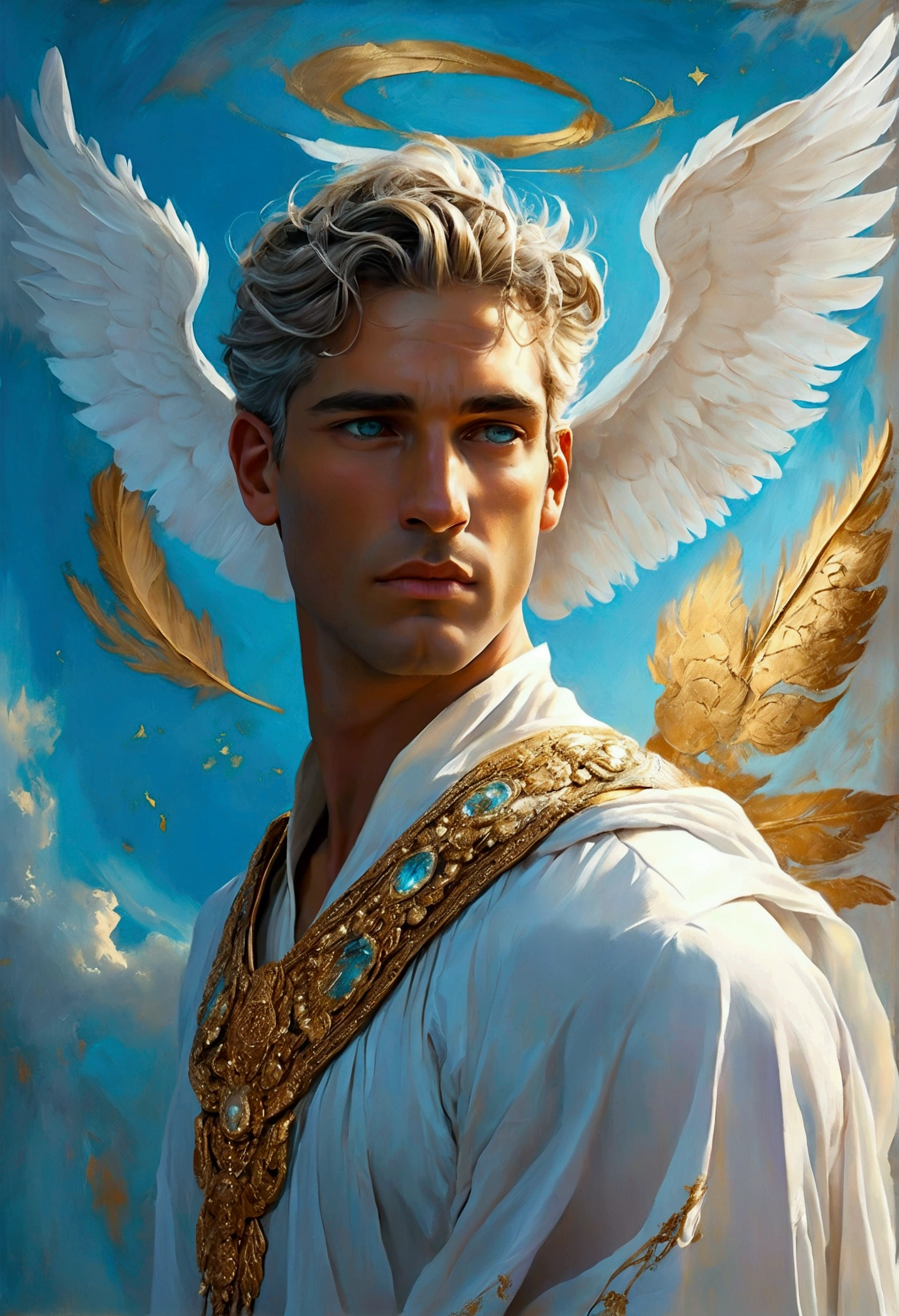 Create a detailed and expressive painting of a man representing the air element, embodying the essence of the element and adorned with celestial colours such as light blues, silvers and subtle touches of gold. He should be centred in the painting, with a serene expression of great wisdom on his face. His shoulders should be visible, while the rest of his body is outside the painting. He should be depicted as a male figure, similar to classical Greek gods such as Hermes, with platinum blond hair, grey eyes and a slightly muscular physique, exuding an aura of divine beauty. The man's attire should include ornamental elements adorned with feathers, symbolising the aerial and ethereal nature of the body covered by a white robe. These feathers may be intricately woven into his attire or as accessories. Place the man in the foreground against a background combining shades of light blue, silver and hints of subtle gold, evoking a celestial atmosphere against a black background. Use shading and textures to enhance the ethereal quality of the background, creating a sense of weightlessness and fluidity associated with the element of air. He uses lighting to highlight the man's facial features and the ornamental details of his attire, ensuring a striking contrast with the sky-toned background. The artistic style should highlight intricate details reminiscent of ancient Greek art, conveying a sense of divine grace and connection to the element of air. 