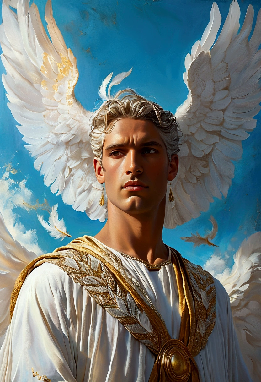 Create a detailed and expressive painting of a man representing the air element, embodying the essence of the element and adorned with celestial colours such as light blues, silvers and subtle touches of gold. He should be centred in the painting, with a serene expression of great wisdom on his face. His shoulders should be visible, while the rest of his body is outside the painting. He should be depicted as a male figure, similar to classical Greek gods such as Hermes, with platinum blond hair, grey eyes and a slightly muscular physique, exuding an aura of divine beauty. The man's attire should include ornamental elements adorned with feathers, symbolising the aerial and ethereal nature of the body covered by a white robe. These feathers may be intricately woven into his attire or as accessories. Place the man in the foreground against a background combining shades of light blue, silver and hints of subtle gold, evoking a celestial atmosphere against a black background. Use shading and textures to enhance the ethereal quality of the background, creating a sense of weightlessness and fluidity associated with the element of air. He uses lighting to highlight the man's facial features and the ornamental details of his attire, ensuring a striking contrast with the sky-toned background. The artistic style should highlight intricate details reminiscent of ancient Greek art, conveying a sense of divine grace and connection to the element of air.