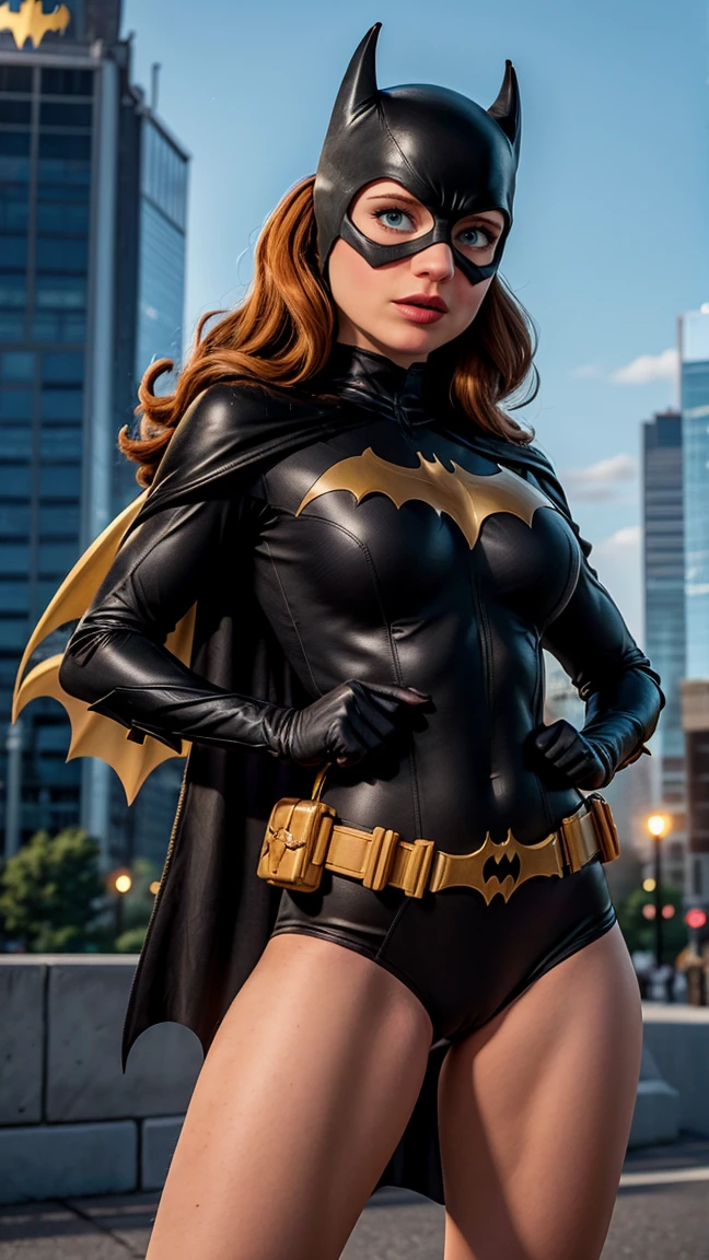 8K, Ultra HD, Super details, high quality, High resolution. The heroine Batgirl looks beautiful in a full-length photo, her body is sculptural, her long black wavy hair is radiant in a perfect combination with her white skin, her bright blue eyes mesmerize everyone. She is wearing her heroine costume. It consists of a mask that covers the upper part of the face, leaving your eyes visible, and a tight bodysuit. It can be black, dark blue or purple, the material is made of resistant and elastic fabric to provide protection and allow agile movements, on the chest of the costume, there is a bat symbol similar to the Batman symbol, she wears a utility belt that contains a variety of useful devices and equipment for your missions, Batgirl's boots and gloves are made of resistant material to protect her hands and feet during combat, she wears a black cape, an aesthetic element of the costume. she looks very sexy, drawing attention to her big breasts and toned legs.