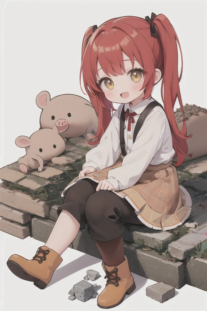 solo, 1girl, deep-red hair,pig tails with bangs, ember yellow-colored eyes, brown boots, happy, :D, patchwork skirts and dusty shirt, sitting on rubble pile, many rats, surrounded by rats,book,[(WHITE BACKGROUND:1.5),::5] HEXAGON