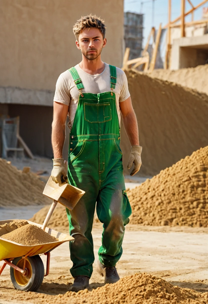 "catboy, anthropomorphic, mascle, sagging body,Working on a construction site, carrying a wheelbarrow with sand , brown fur , greeneyes, wearing dirty overalls (best qualityer, 4K, high resolution, ultra detali:1.2), Photorealist, natural lighting, concept art