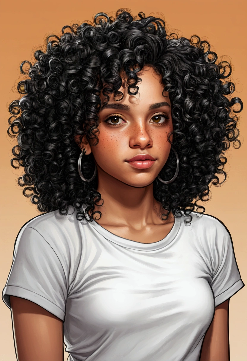 half Puerto Rican, half black, with curly hair, 2D drawing style