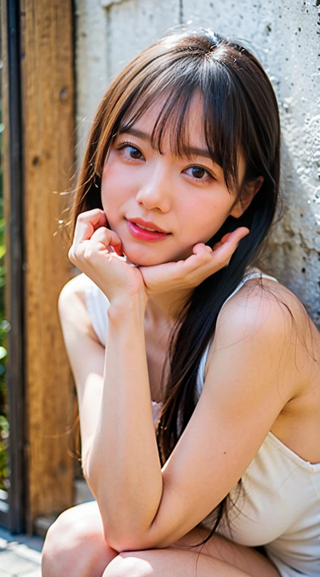 ((((detailed explanation)))),(((masterpiece、Highest quality、Very detailed:1.42、Focus on the eyes)))、Female in her late s、Portraiture、Blurred cityscape at dusk、Silhouette of buildings and street lights Long dark brown hair、natural wavy curls、The wind is blowing softly、Hair falls down the side of the face、Skin is smooth、Healthy olive color、The tan lines are faintly visible、Natural redness on the cheeks、I have a few small laugh lines on my forehead.、Eyes with dark brown irises、The pupil is shining, Reflect light、Long curled eyelashes、Accentuate the eyes、Eyebrows are thin and trimmed、Natural Arch、Small Nose、straight、straight nose、lips are plump、soft pink lip gloss、Ultra-thin camisole、Barefoot and bare legs、A simple silver bracelet on her right wrist、A small diamond earring sparkles in her left ear...、The expression is calm、Be confident、smile、(((Emphasize the contrast between light and shadow)))、Realistic textures and facial details