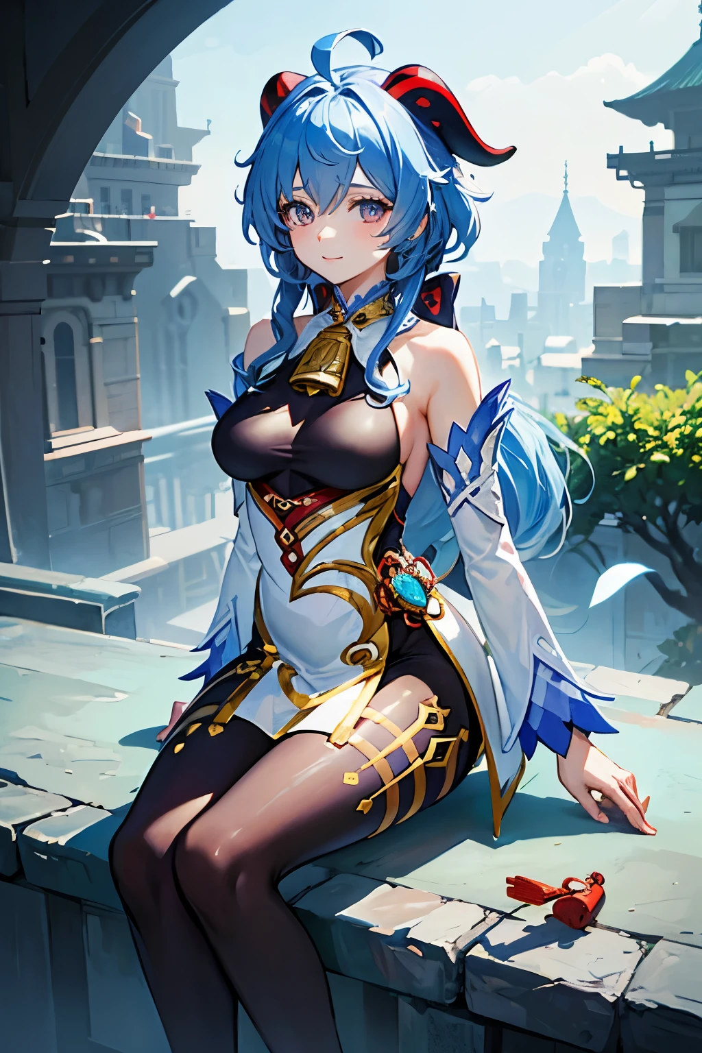 masterpiece, best quality, 1girl, ganyu, smile, sitting, full body, light blue hair