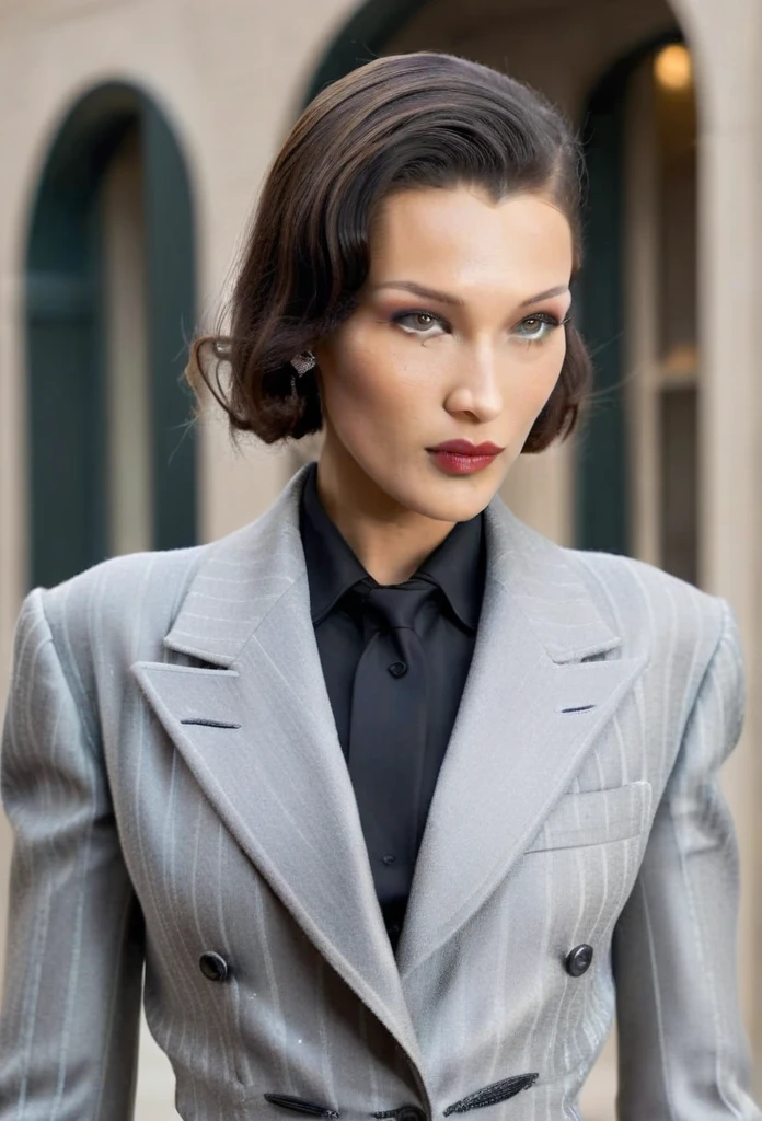 Bella hadid as a 1930s mobster wearing a zoot suit, exquisite detail, award winning photography, natural lighting, skin texture, 1930s chicago background 