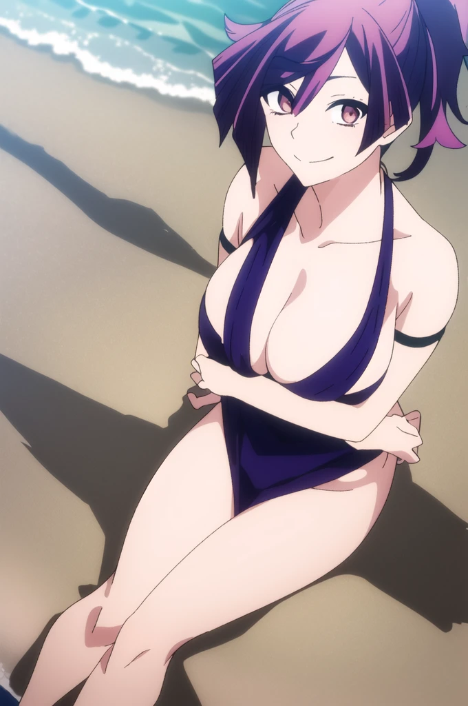 (masterpiece), ((best quality)), yuzuriha_jigokuraku, 1girl, solo, breasts, short_hair, red_eyes, ponytail, purple_hair, looking_at_viewer, blushed smile, large_breasts, cleavage, bare_shoulders, sitting, collarbone, crossed_legs, black underwear, from_below, breasts, large breasts, big breasts, huge breasts, big tits, giant breasts, small bikini, bikini, bare shoulders, bare arms, beach, ocean, underboob