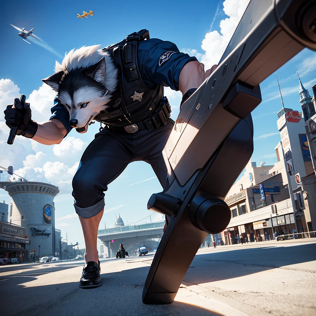 Disney-inspired untitled 3d poster/Pixar by a 22 year old, black, short white hair, blue eyes, round nose, police profession, responding to an incident, wolf in the background protecting