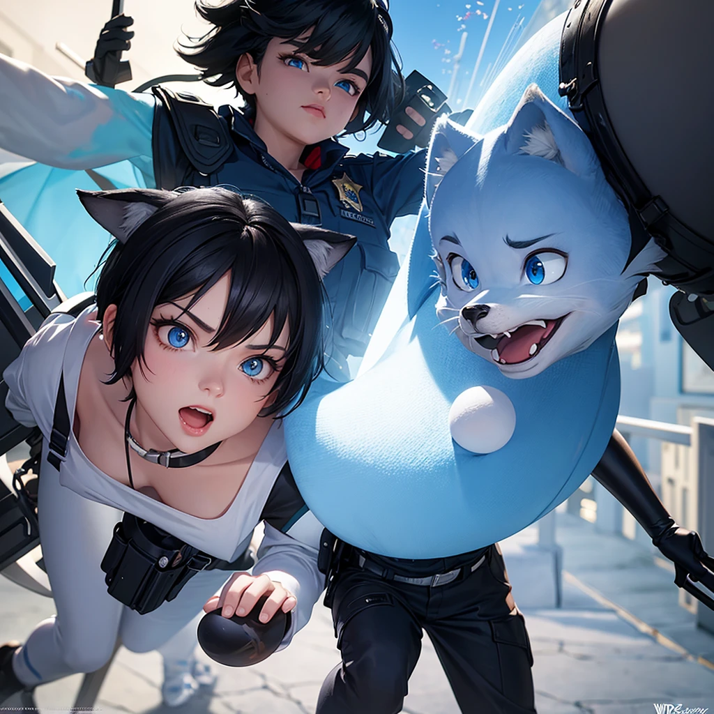 Disney-inspired untitled 3d poster/Pixar by a 22 year old, black, short white hair, blue eyes, round nose, police profession, responding to an incident, wolf in the background protecting