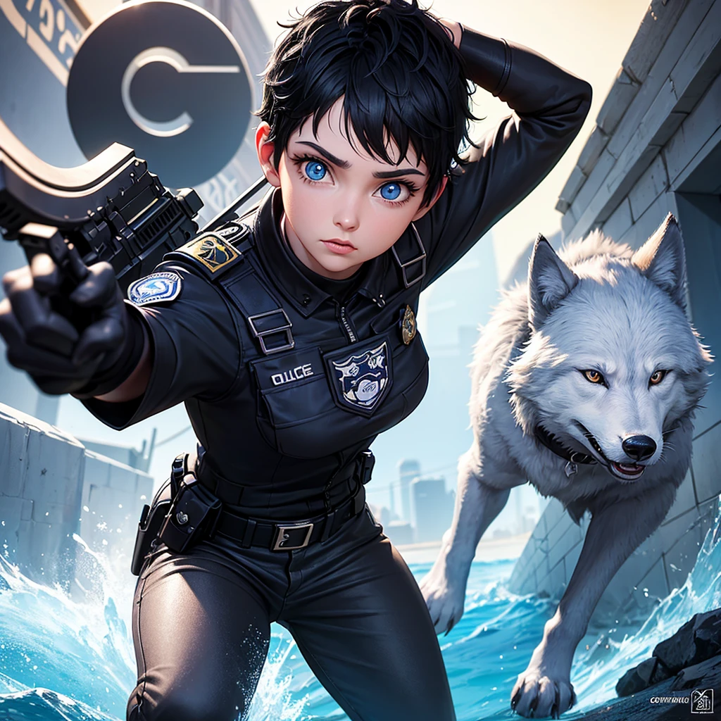 Disney-inspired untitled 3d poster/Pixar by a 22 year old, black, short white hair, blue eyes, round nose, police profession, responding to an incident, wolf in the background protecting