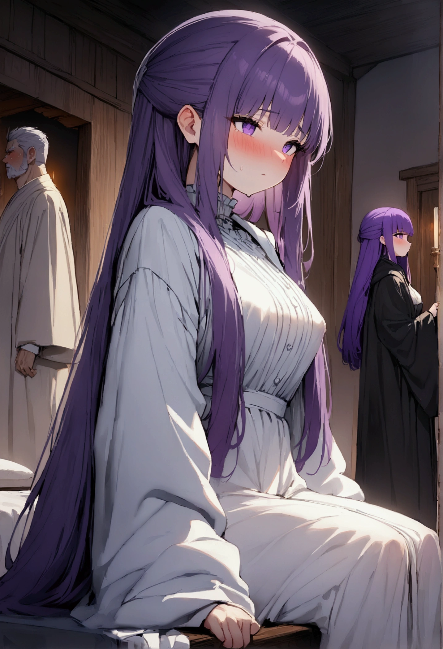 NSFW,masterpiece,Highest quality,High resolution,Super detailed,Fern\(Funeral of Frieren\),Purple eyes,Purple Hair,Long Hair,White Dress,Robe,blush,Inn at night,bedroom,(Warrior Men),Sitting next to a man