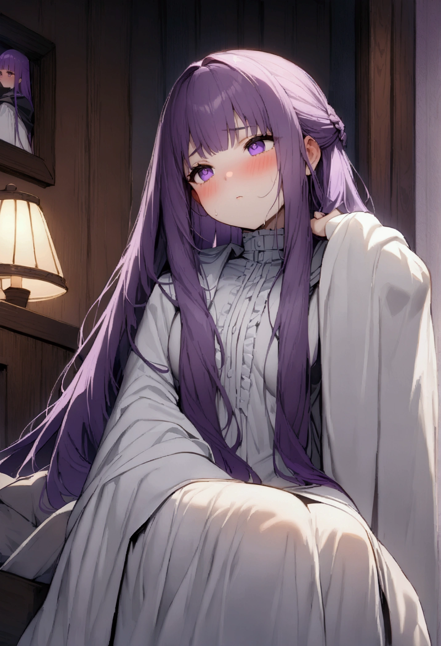 NSFW,masterpiece,Highest quality,High resolution,Super detailed,Fern\(Funeral of Frieren\),Purple eyes,Purple Hair,Long Hair,White Dress,Robe,blush,Inn at night,bedroom,(Warrior Men),Sitting next to a man