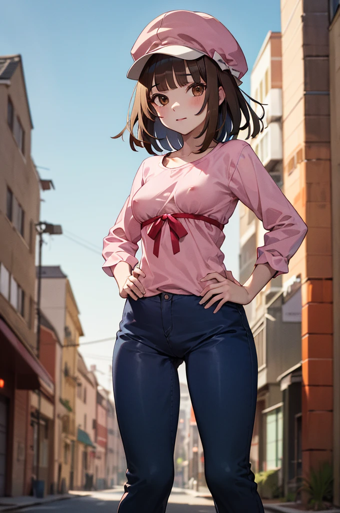 masterpiece, best quality, highres, aanadeko, short hair, brown hair, cabbie hat, orange headwear, blunt bangs, brown eyes, pink shirt, ribbon, blue pants, hand on hip, street, standing, cowboy shot,medium ,nsfw