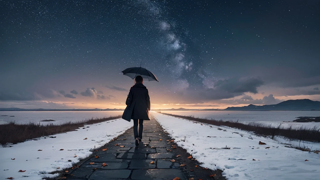 A single person walking along a path covered in fallen leaves, under a gray and cloudy sky. The person is dressed in a dark coat, with head tilted slightly downward, reflecting introspection and sadness. On the sides of the path, The leafless trees stand like shadows of the past. on the horizon, a lone star shines faintly in the night sky, symbolizing the dreams and memories that still persist. Raindrops fall softly, adding a touch of melancholy and representing tears and pain.