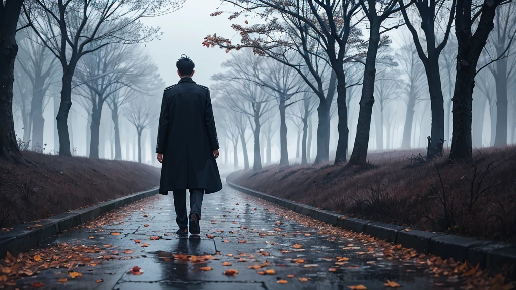 A single person walking along a path covered in fallen leaves, under a gray and cloudy sky. The person is dressed in a dark coat, with head tilted slightly downward, reflecting introspection and sadness. On the sides of the path, The leafless trees stand like shadows of the past. on the horizon, a lone star shines faintly in the night sky, symbolizing the dreams and memories that still persist. Raindrops fall softly, adding a touch of melancholy and representing tears and pain.
