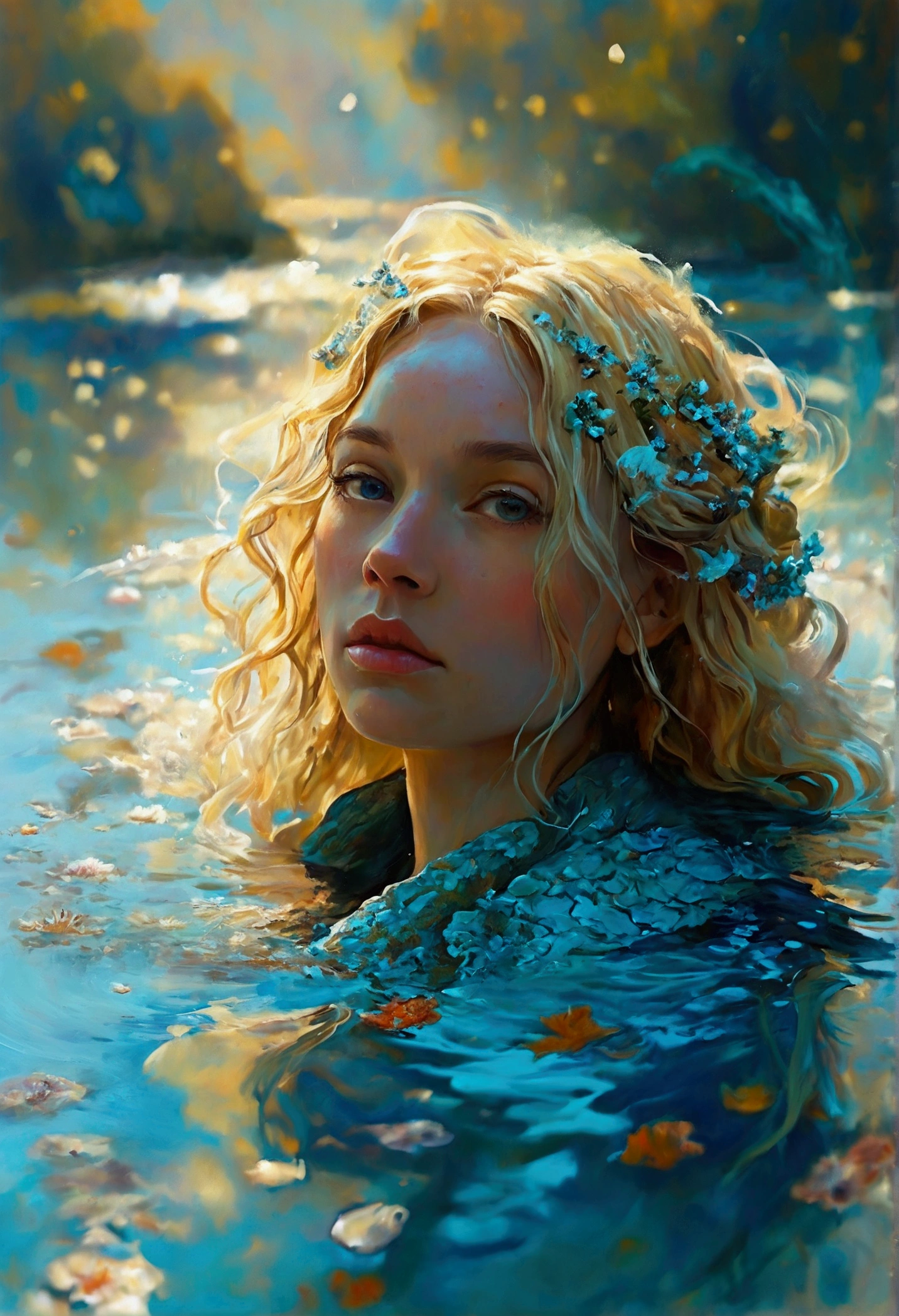 Create a detailed and expressive painting of a woman with long blonde hair in the foreground, representing the element of water. She should be centred in the painting, with her head slightly tilted back and her expression completely serene. Her shoulders should be visible, framing her face, while the rest of her body is outside the frame. The background should represent a watery halo around her head, composed of vibrant shades of turquoise and dark blue. This halo should create a serene, flowing effect, blending harmoniously with the woman's hair to convey movement and lightness. Include elements characteristic of water, whether flora or fauna. Use soft lighting to highlight the contours of her face and the texture of her hair, creating a subtle contrast with the aquatic background. Add details such as fish, sea life or marine flora. The artistic style should focus on intricate details and ethereal elements, ensuring a composition that feels divine and evocative of the aquatic element. Keep the tones cool and the textures fine to accurately capture the essence of the aquatic element.