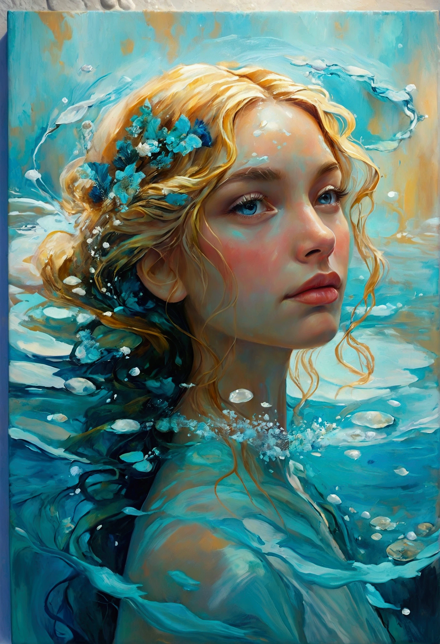 Create a detailed and expressive painting of a woman with long blonde hair in the foreground, representing the element of water. She should be centred in the painting, with her head slightly tilted back and her expression completely serene. Her shoulders should be visible, framing her face, while the rest of her body is outside the frame. The background should represent a watery halo around her head, composed of vibrant shades of turquoise and dark blue. This halo should create a serene, flowing effect, blending harmoniously with the woman's hair to convey movement and lightness. Include elements characteristic of water, whether flora or fauna. Use soft lighting to highlight the contours of her face and the texture of her hair, creating a subtle contrast with the aquatic background. Add details such as fish, sea life or marine flora. The artistic style should focus on intricate details and ethereal elements, ensuring a composition that feels divine and evocative of the aquatic element. Keep the tones cool and the textures fine to accurately capture the essence of the aquatic element.
