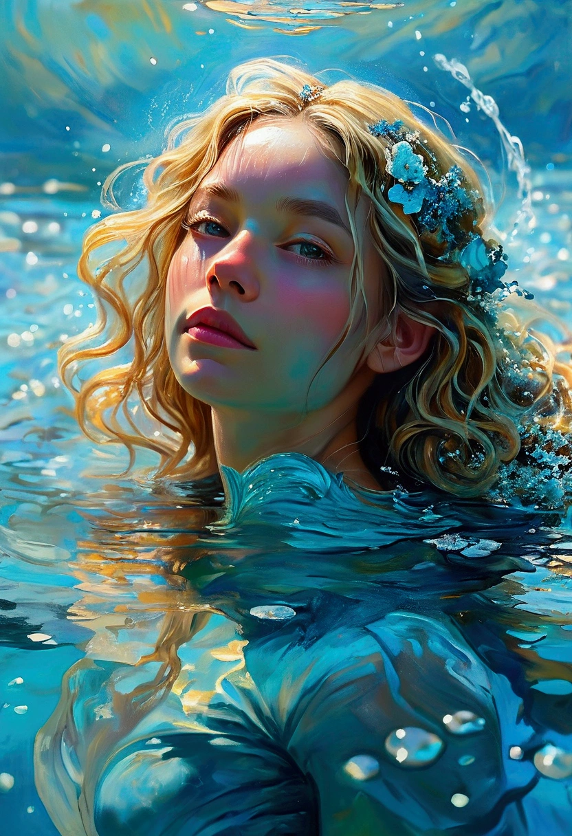 Create a detailed and expressive painting of a woman with long blonde hair in the foreground, representing the element of water. She should be centred in the painting, with her head slightly tilted back, her eyes closed and her expression completely serene. Her shoulders should be visible, framing her face, while the rest of her body is outside the frame. The background should represent a watery halo around her head, composed of vibrant shades of turquoise and dark blue. This halo should create a serene, flowing effect, blending harmoniously with the woman's hair to convey movement and lightness. Include elements characteristic of water, whether flora or fauna. Use soft lighting to highlight the contours of her face and the texture of her hair, creating a subtle contrast with the aquatic background. Add details such as fish, sea life or marine flora. The artistic style should focus on intricate details and ethereal elements, ensuring a composition that feels divine and evocative of the aquatic element. Keep the tones cool and the textures fine to accurately capture the essence of the aquatic element.