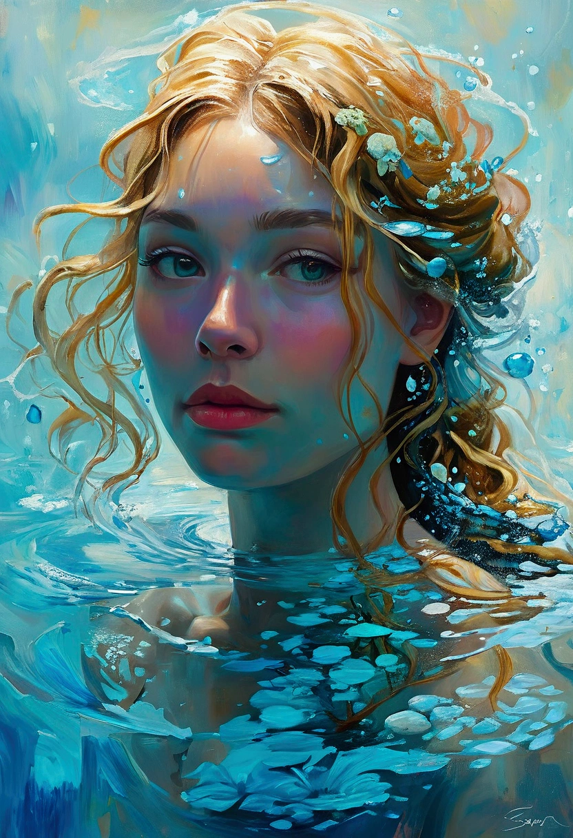 Create a detailed and expressive painting of a woman with long blonde hair in the foreground, representing the element of water. She should be centred in the painting, with her head slightly tilted back and her expression completely serene. Her shoulders should be visible, framing her face, while the rest of her body is outside the frame. The background should represent a watery halo around her head, composed of vibrant shades of turquoise and dark blue. This halo should create a serene, flowing effect, blending harmoniously with the woman's hair to convey movement and lightness. Include elements characteristic of water, whether flora or fauna. Use soft lighting to highlight the contours of her face and the texture of her hair, creating a subtle contrast with the aquatic background. Add details such as fish, sea life or marine flora. The artistic style should focus on intricate details and ethereal elements, ensuring a composition that feels divine and evocative of the aquatic element. Keep the tones cool and the textures fine to accurately capture the essence of the aquatic element.