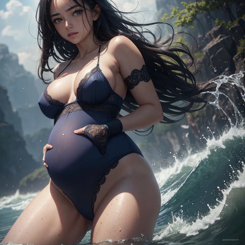 1 girl, woman, candid portrait, establishing shot, detailed background, atmospheric, hair flowing in the wind, wearing very skimpy transparent navy blue underwear, black hair, very wet skin and hair, freckles, yellow-green eyes, floating particles, backlightinasterpiece))), (((masterwork))), ((top quality)), ((best quality)), ((highest quality)), ((highest fidelity)), ((highest resolution)), ((highres)), ((highest detail)), ((highly detailed)), ((hyper-detailed)), (((detail enhancement))), ((deeply detailed)), awe inspiring, breathtaking, uhd, hdr, fhd, 8k, 16k, 32k, k, meticulous, intricate, intimate, nuanced, (((the most beautiful images in existence))), (((the most beautiful artwork in the world))), (RAW photo, film grain), caustics, subsurface scattering, reflections, photorealistic, 35mm, intricate details, hyperdetailed, natural skin texture, hyperrealism, sharp, 1 month pregnant