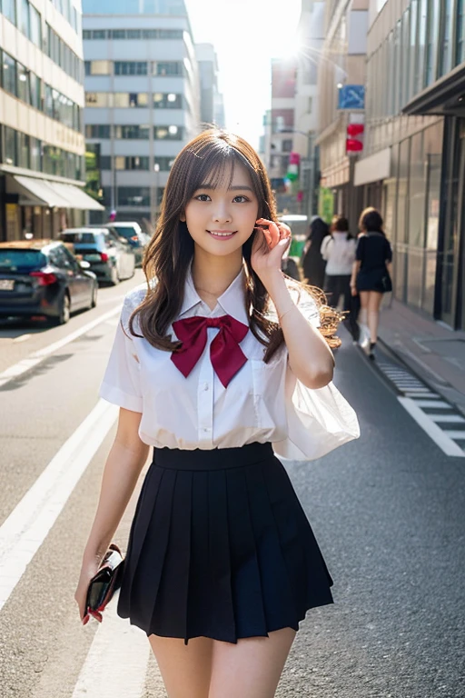 (A beautiful 23 year old Japanese high school girl with a bright personality is smiling. She has detailed, realistic, and photorealistic features, including a super cute face with beautiful eyes, nose, lips, dimples, short bob hair, ponytail. The girl is wearing a JK uniform with a mini skirt and eco-friendly fashion. She has a tall slim figure, healthy body proportion, ample bosom. Her smooth legs move with ease. Her graceful poise radiates confidence. She is walking on a city street with natural sunlight and a bright backlight shining from behind, creating a lens flare. She is in a computer simulation, inspired by "THE MATRIX" lol. The image has a surreal, high-quality, and masterpiece-level look with vivid colors, extreme detail, and a professional-level edit.)