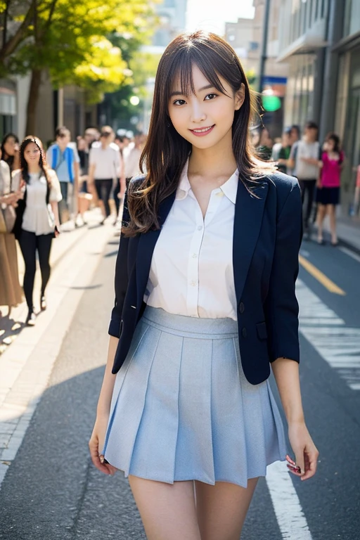 Costumes that change every time,((Never take off your underwear:1.4))((best qualtiy, 8K, tmasterpiece:1.3)), sharp:1.2, Perfect figure beautiful woman:1.4, Slim abs:1.2, ((Layered Hair Style, huge udder:1.2)), (A jacket that can be changed in one go:1.5),(Street:1.2),(((I lift up my skirt, which changes color all at once, with my own hands.:1.5))),Highly detailed facial and skin texture,A detailed eye,二重まぶた,A sideways glance at the camera,The color of the panties changes in one image.,Sweet smile,((The woman in the back is wearing a skirt:1.4))