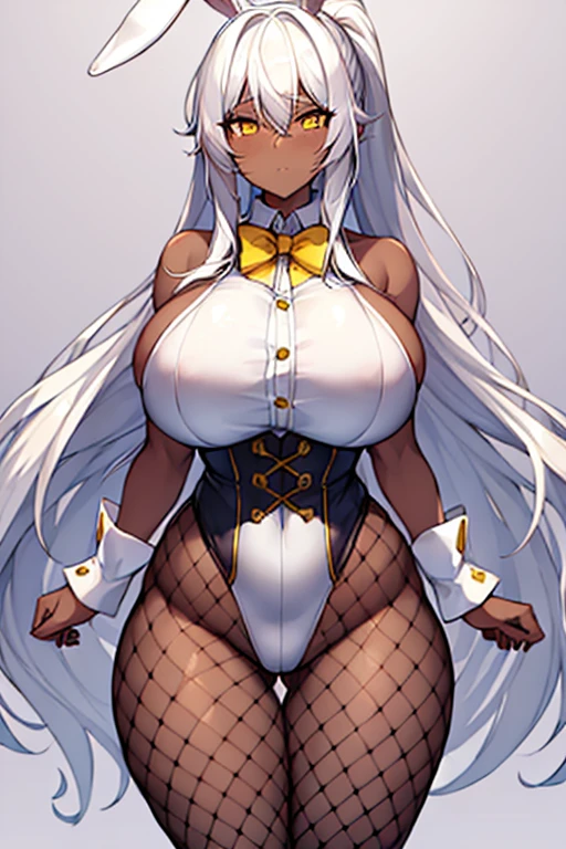 1girl, white hair, long hair, dark-skinned female, dark skin, yellow eyes, breasts, huge breasts, bowtie, wide hips, thick thighs, fishnets, bunnysuit, leotard, white bunnysuit, shy, timid, wavy mouth, ponytail, yellow trim, fishnets, fishnet legwear, gold trim