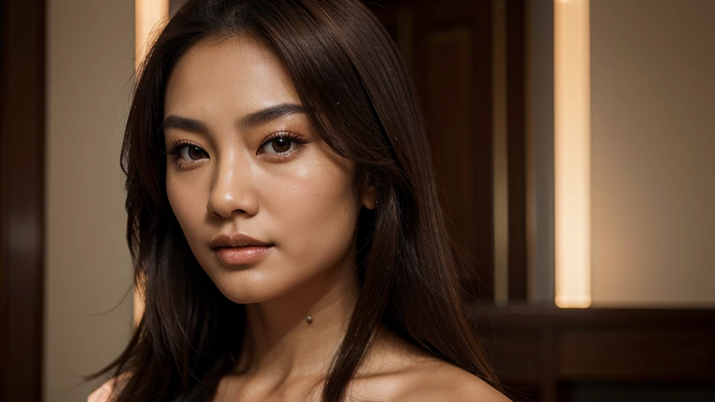 asian woman, magnificent, very beautiful, bronze, visage magnificent, ultra realistic, brown-hair