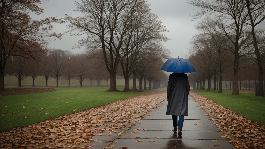 A single person walking along a path covered in fallen leaves, under a gray and cloudy sky. The person is dressed in a dark coat, with head tilted slightly downward, reflecting introspection and sadness. On the sides of the path, The leafless trees stand like shadows of the past. on the horizon, a lone star shines faintly in the night sky, symbolizing the dreams and memories that still persist. Raindrops fall softly, adding a touch of melancholy and representing tears and pain.