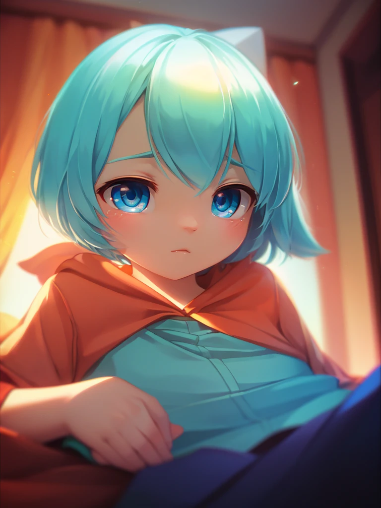 A highly detailed 1girl, beautiful detailed eyes, beautiful detailed lips, devil wigs , detailed eyes and face, long eyelashes, cute expression, 6 year girl, big size white hodie, sit pose, blue ayes glow, blue hair, shortcuts,studio lighting,concept art
