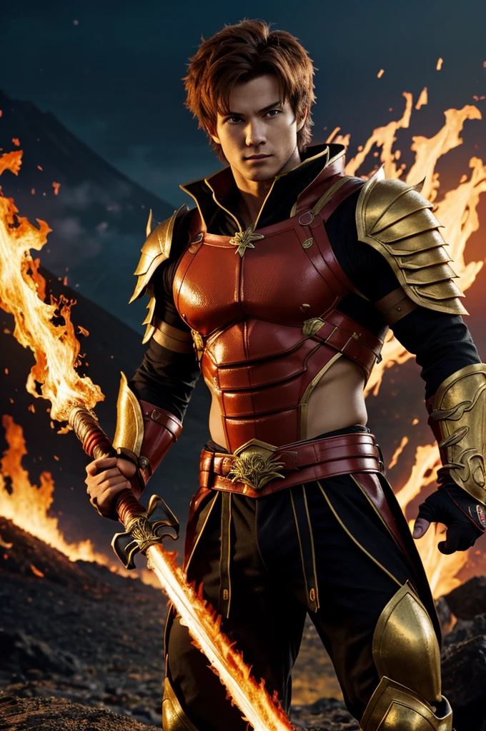 Anime style (Solo) fierce young male warrior, messy reddish brown hair, bright scarlet red open eyes, wearing a black Ninja sleeveless suit with gold accents, naked arms, holding a flaming sword, blur the background to create a three-dimensional effect, atmosphere, muscular body, golden dragon emblem on chest, black and red gloves, ultra details, life size, high detailed eyes texture, perfect anatomy, standing on a mountain peak with volcanic eruptions in the background, during sunset, pure skin, muscular body build, glowing dragon emblem on chest armor, messy hair, detailed skin texture, dynamic fighting pose, Full HD, 8k, HDR, perfect anatomy, Depth of field”