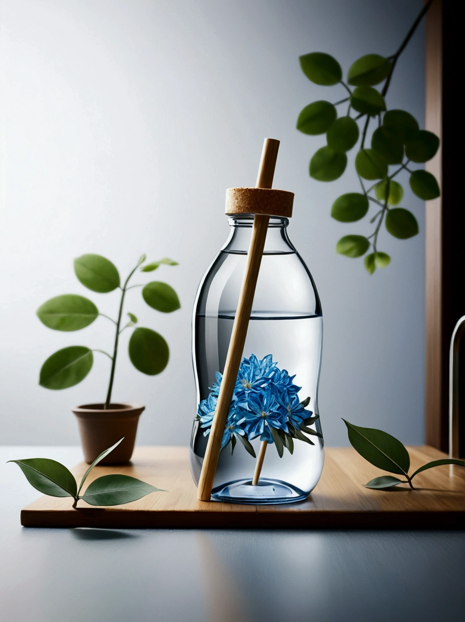 Generate a water bottle, should have a slight curve, similar to a hip, and be a little wider than usual. The bottle must be completely transparent. Fill the bottle with water, and also fill a similar glass of water. The bottle cap must have a bamboo straw integrated into one piece. On both sides of the bottle, place blue flowers and beautiful leaves. Adjust the lighting to be hyper-realistic, with the light coming from the left side. Make sure everything appears to be in the same place at the same time. High quality image. Bring the camera closer to the bottle, make the bamboo lid with the Carrizo integrated into the design, give the bottle a rounded shape