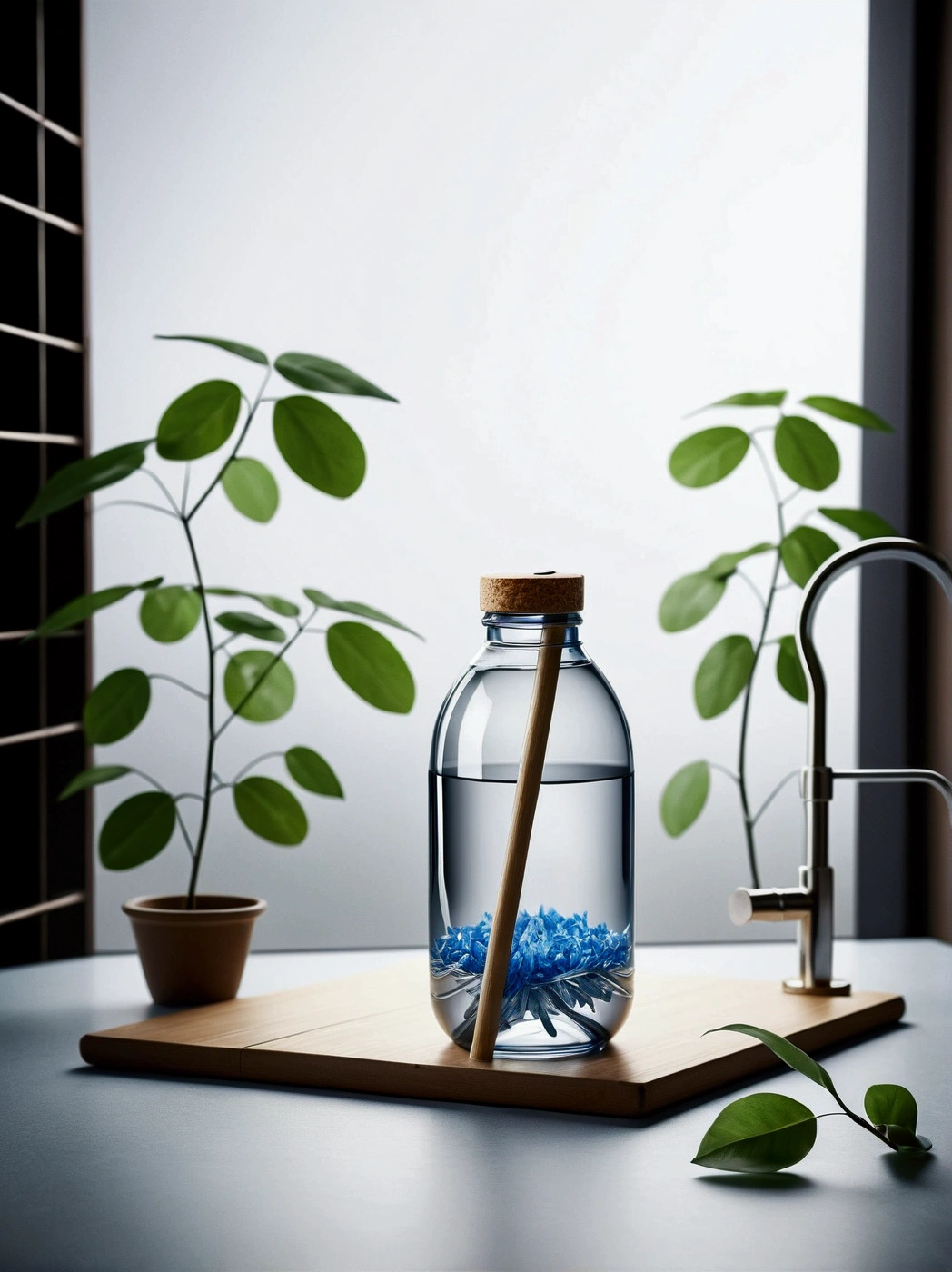 Generate a water bottle, should have a slight curve, similar to a hip, and be a little wider than usual. The bottle must be completely transparent. Fill the bottle with water, and also fill a similar glass of water. The bottle cap must have a bamboo straw integrated into one piece. On both sides of the bottle, place blue flowers and beautiful leaves. Adjust the lighting to be hyper-realistic, with the light coming from the left side. Make sure everything appears to be in the same place at the same time. High quality image. Bring the camera closer to the bottle, make the bamboo lid with the Carrizo integrated into the design, give the bottle a rounded shape