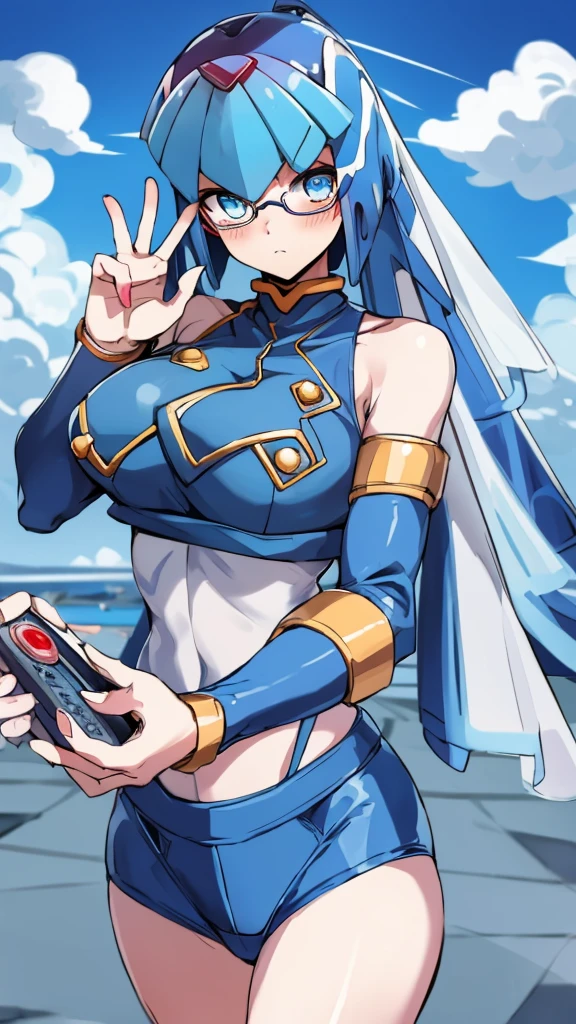 Leviathan_Megamanz, 1 Girl ,Looking at the viewer , blue hair, Blue eyes,Clouds background , Blushed, Wedding ring, Glasses, Launchpad on hands