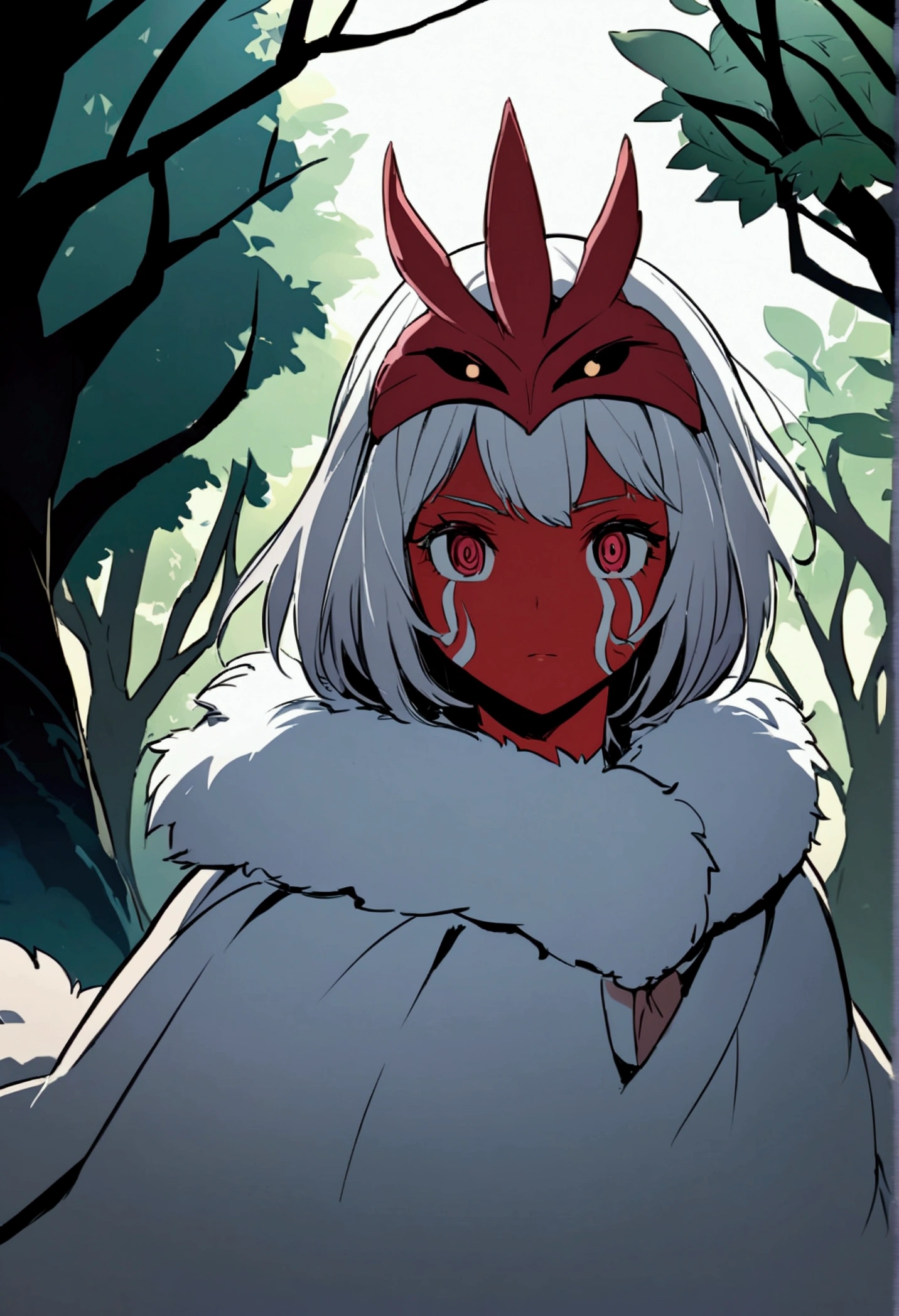 "Please draw San from Princess Mononoke. San is a girl who was raised by wolves.、Has the appearance of a warrior. She wears a white fur cloak and a red mask., Long silver hair. Her face is painted red., And her eyes reflect her determination. The background is a lush forest, Emphasizing San's presence in nature. The whole scene had to convey San's wild and powerful aura.."