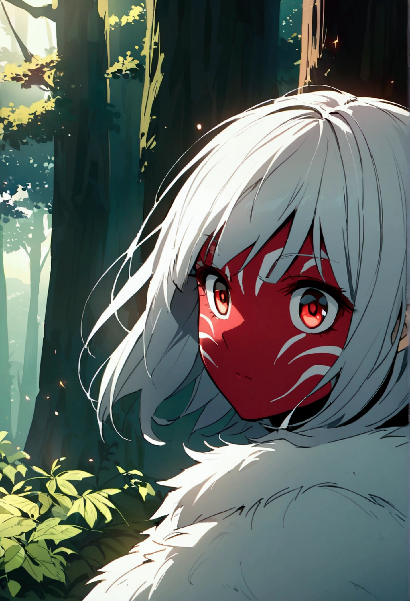 "Please draw San from Princess Mononoke. San is a girl who was raised by wolves.、Has the appearance of a warrior. She wears a white fur cloak and a red mask., Long silver hair. Her face is painted red., And her eyes reflect her determination. The background is a lush forest, Emphasizing San's presence in nature. The whole scene had to convey San's wild and powerful aura.."