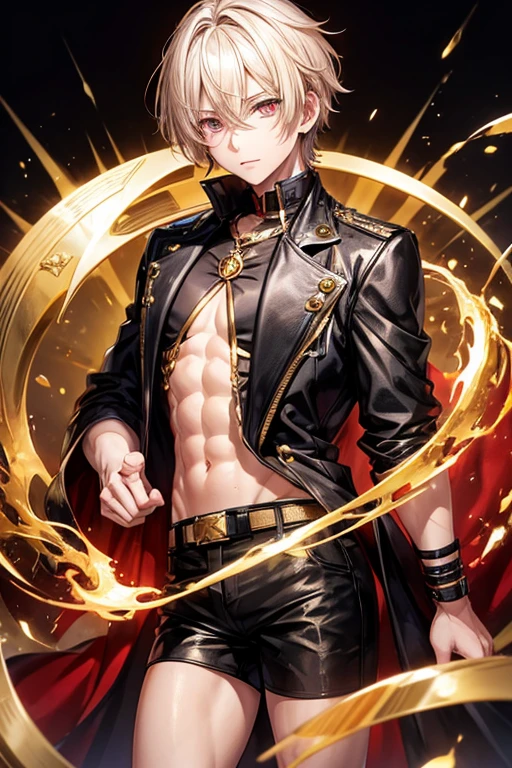 A boy with gold eyes soft short hair wgold black red boy hot that love chaos energy