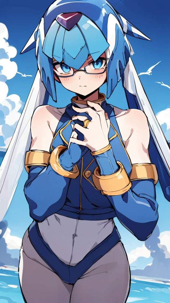 Leviathan_Megamanz, 1 Girl ,Looking at the viewer , blue hair, Blue eyes,Clouds background , Blushed, Wedding ring, Glasses, Launchpad on hands