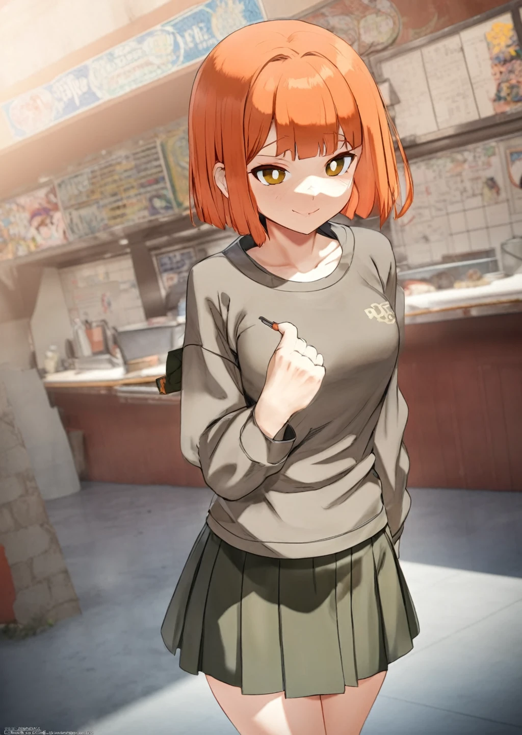 1 girl, hits, blush, old, hamburger, Open mouth, clavicle, dress, facial mark, large old, looking at the viewer, belly button, short hair, SMILE, Alone, Thighs, underwear, white pupils, seductive look, Orange hair, green hoodie, whole body, standing, (Skirt:1.3), high quality, Best Quality, Masterpiece, better rendering, animated by Kyoto Animation, animated by ufotable, animated by A-1 Pictures