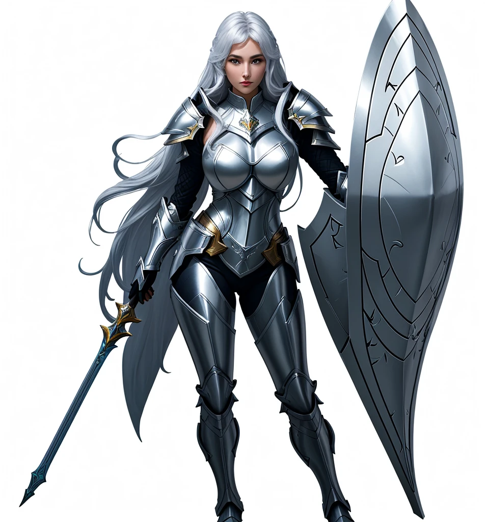 paladin, female, full armor, white armor, sexy, pretty face face, glowing armor, wonderfull, looks like "leona" from "league of legends", full body, Meilleure qualité, 1fille, seulement, gros seins, clivage, rideaux de poitrine,