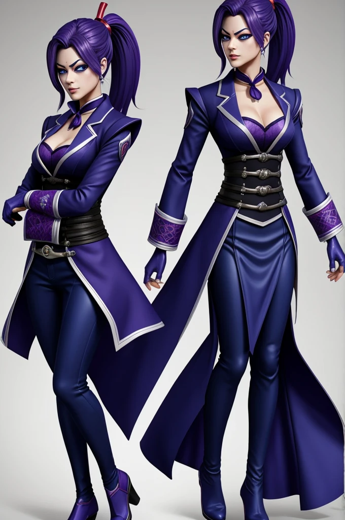 Genshin Impact character very similar to Scaramouche but this time in its female version, but up to the waist, indigo eyes and with the suit of his wanderer version