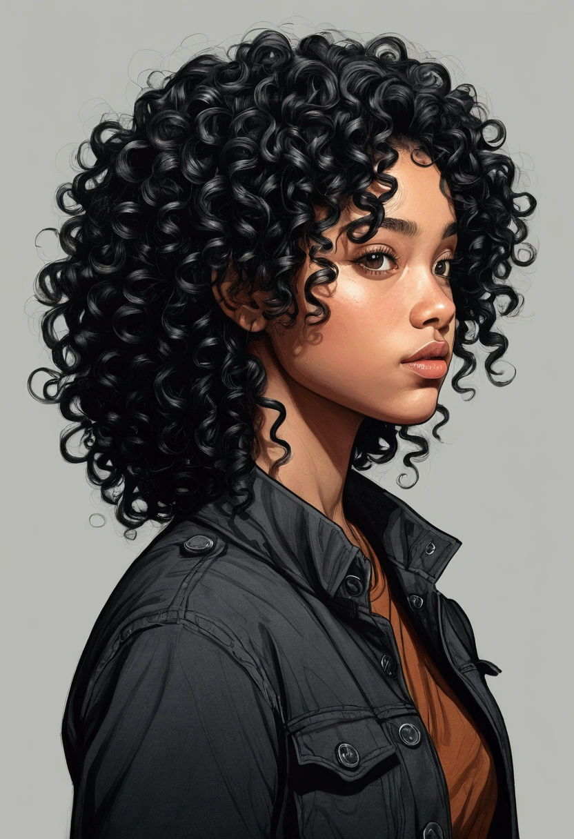 half black, with curly hair, 2D drawing style