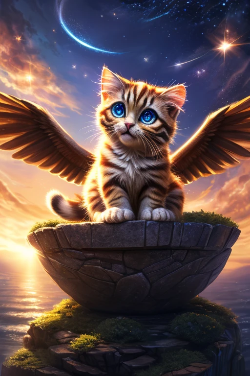 (Highest quality、masterpiece、8k))、Anatomically correct、Very detailed、High resolution、Realistic、((Beautiful, sparkling, detailed eyes))、Intricate details、Cinematic lighting、((Dynamic composition))、Cute black kitten、Beautiful island、heaven、Welcoming black kitten、tuxedo