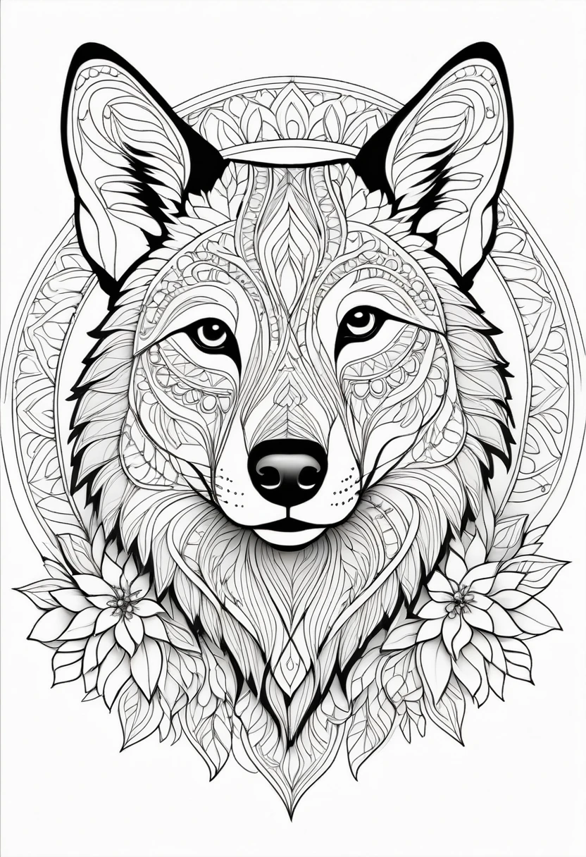 A striking black and white line art coloring page designed for adults with white background, featuring a majestic Dingo in a mandala-inspired style. The Dingo is adorned with intricate patterns that include floral and geometric designs, making it an engaging and detailed work of art. The illustration focuses on crisp, clean lines and bold outlines, without any shading or color, allowing the user to bring their own vibrancy to the piece. The minimalistic design, with its thick lines and absence of background details, creates a soothing coloring experience for adults seeking calming and creative activities. illustration