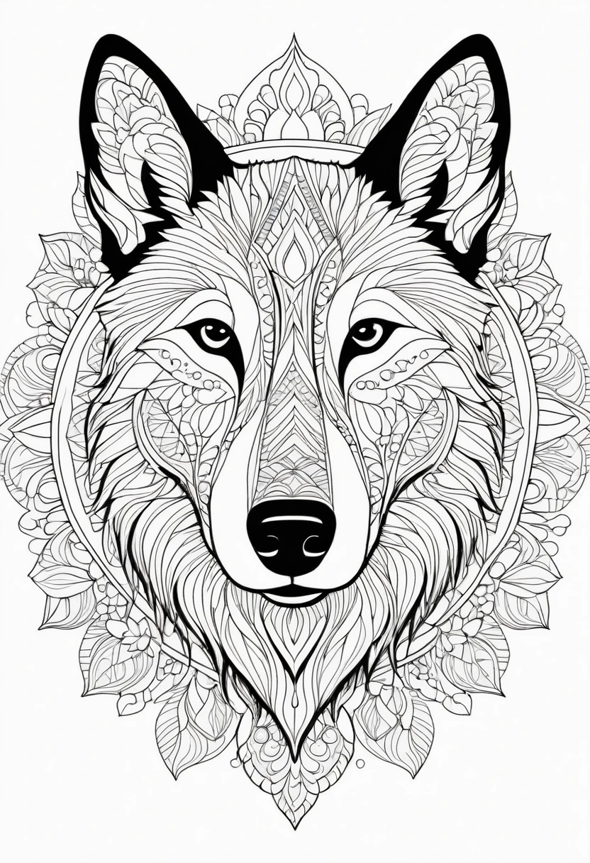 A striking black and white line art coloring page designed for adults with white background, featuring a majestic Dingo in a mandala-inspired style. The Dingo is adorned with intricate patterns that include floral and geometric designs, making it an engaging and detailed work of art. The illustration focuses on crisp, clean lines and bold outlines, without any shading or color, allowing the user to bring their own vibrancy to the piece. The minimalistic design, with its thick lines and absence of background details, creates a soothing coloring experience for adults seeking calming and creative activities. illustration