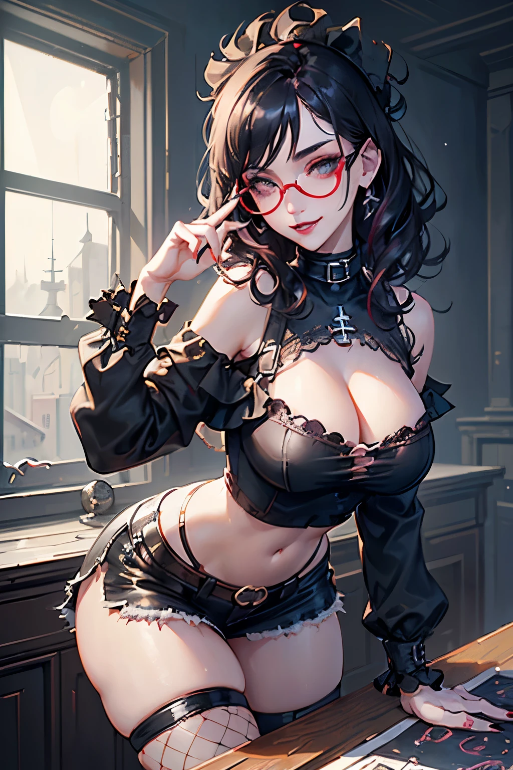 (Drawn by Agnes Cecile in darkest dungeon style:1.1), (cartoon style image:1.2), (human), (slutty goth:1.1), (woman), (dark curly emo hair:1.1), (messy shaggy hair:1.1), (off shoulder crop top:1.2), (round breasts), (bubble butt), (wide hips:1.1), (slim waist:1.1), (thick thighs:1.1), (detailed face and eyes:1.2), (bending to expose cleavage), (bell collar:1.1), (miniskirt:1.1), (fishnets:1.2), (smile), (seductive eyes:1.1), (predatory lustful look:1.1), (eyeshadow:1.1), (long eyelashes:1.1), (big round eyewear), (dark lipstick:1.1), (leaning forward over table), (front view), (detailed background), (perfect nails), (detailed hand and finger:1.2), (medium breasts:1.2), (busty), (deep cleavage:1.2), (labia outline:1.3), (hard teat:1.3).