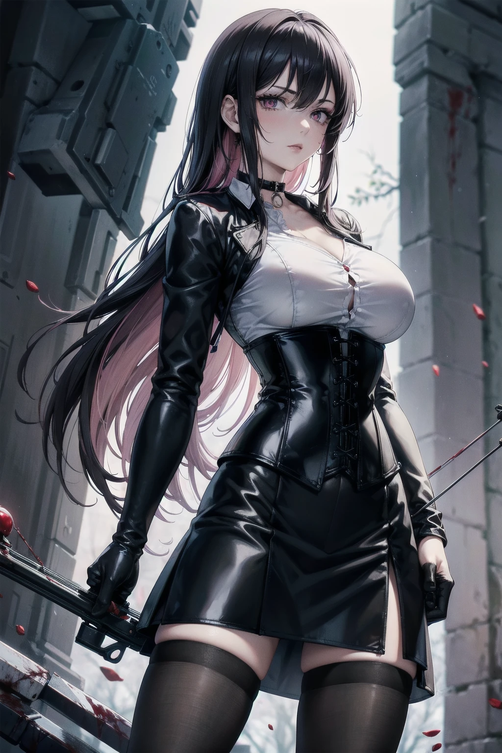 Masterpiece, Superior image quality, high resolution, 4k image,photo and gross, photorealistic, whole body, distant view, 1 young man of 15 years, {{{vagina}}}, big breasts, beautiful face, long black hair, black eyes, very detailed eyes, pink cheeks, serious expression, choker:1.6, (white collar button down long sleeve shirt), black gloves, gloves that cover hands, (holding an ax in the right hand), (black leather corset), (shiny black miniskirt), Sensual Lips, show details in the eyes, View from the front, looking at the viewer, dark forest path, evening, Atmosphere, fog